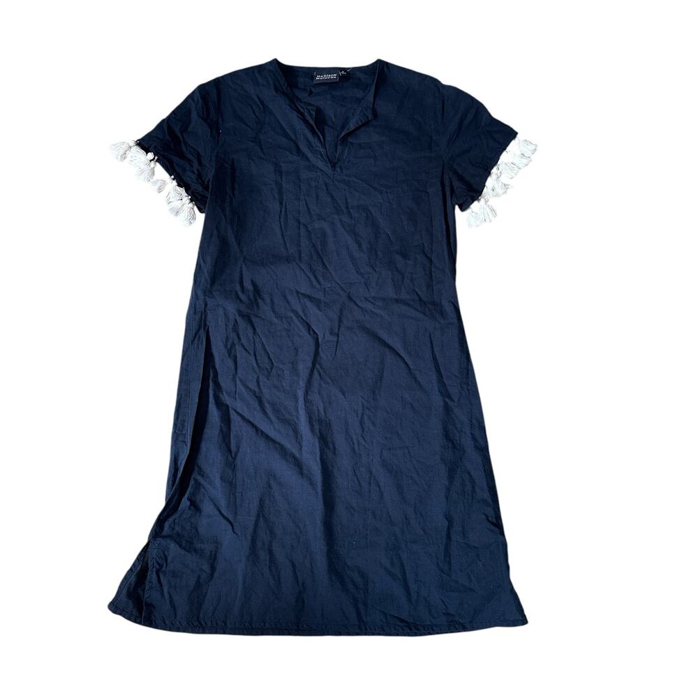 Madison Mathews Navy Blue Shift Dress Short Sleeve Tassels Boho Oversized Small
